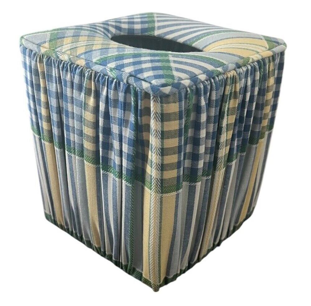 Vintage Tissue Box Cover Blue and Yellow Fabric Gingham Print EUC Waverly??